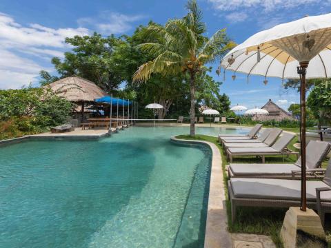 Architecture: View of pool in beautiful resort in Bali in Indonesia.